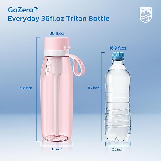 PHILIPS Filtered Water Bottle, BPA-Free Tritan Plastic Water Bottles, Replaces 450 Plastic Water Bottle with Reusable GoZero Everyday Water Filter, Portable Filtering Bottle for Travel, 36oz, Pink