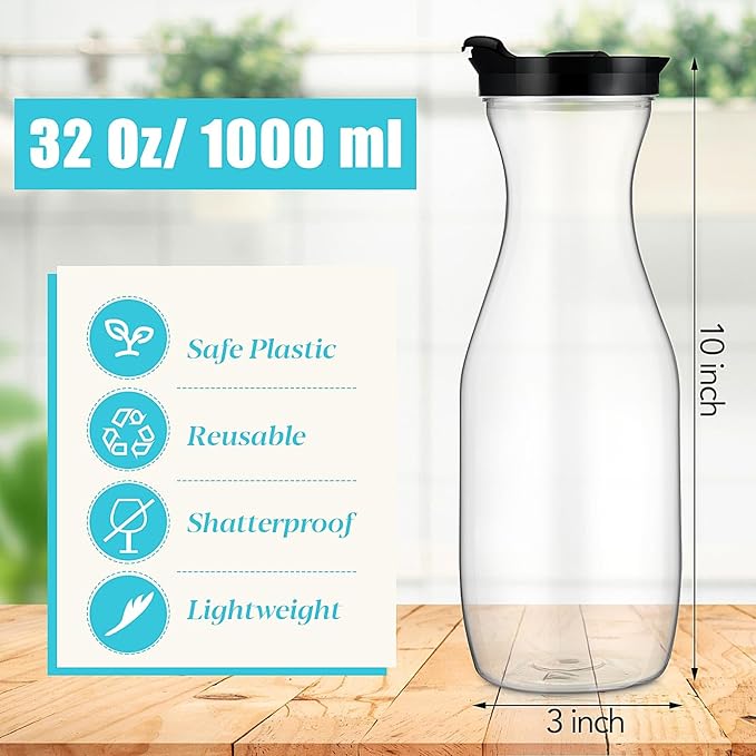 Gejoy 6 Pcs Plastic Water Carafe with Lids 32 oz Clear Juice Pitchers for Mimosa Bar Drinks Milk Iced Tea Beverage Containers for Home Restaurant School Fridge, Not Dishwasher Safe (White,Black Cap)