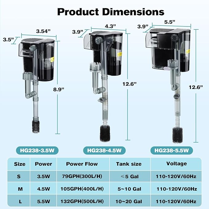 hygger Hang On Back Aquarium Filter, Small Fish Tank Filter Waterfall Filtration System, Adjustable Water Flow with Surface Skimmer, Replaceable Sponge Quiet Hanging Filter for Tank Up to 5 Gal
