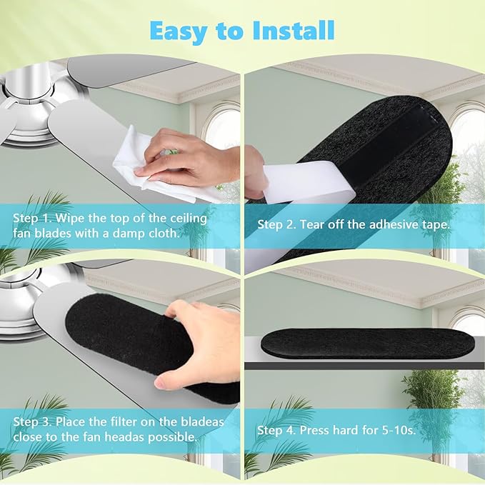 Ceiling Fan Filters for Blades with Activated Coconut Carbon - 10 Pack |Easy-Stick | Traps Dust, Pet Dander & Pollen |Odorless Reduction for Home & Office (10)