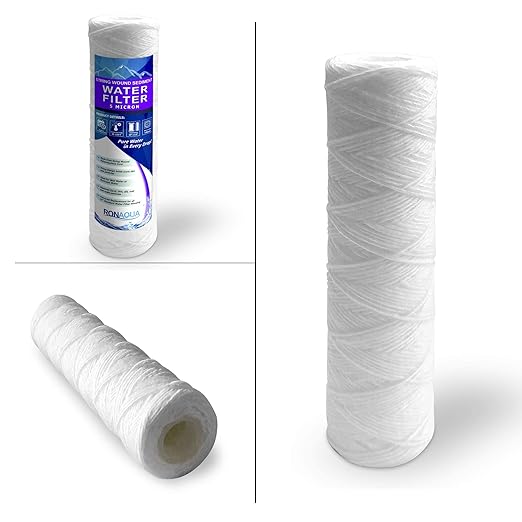 10 Inches European Design Transparent Standard Whole House Water Filter System with Presser Relief Valve, 3/4” Inlet/Outlet Brass Port and Yearly Supply (4) Wound Spring Sediment Cartridges 5 Micron