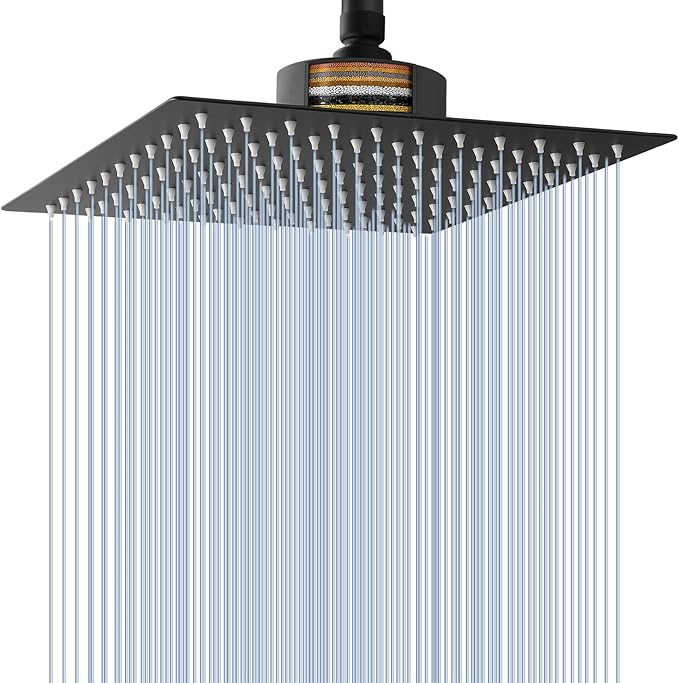 Voolan Rain Shower Head with Filtered - High Flow Large Rainfall Shower Heads Made of Stainless Steel - Waterfall Showerhead Filter For Hard Water(12" Matte Black)
