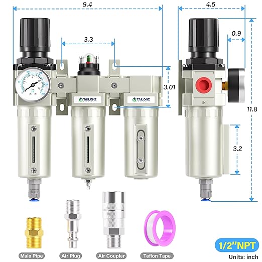 TAILONZ PNEUMATIC 0-240PSI 1/2 Inch NPT Grade Three Stage Industrial Air Drying System, Particulate Filter, Coalescing Filter, Desiccant Dryer and Air Regulator (Automatic Drainage）