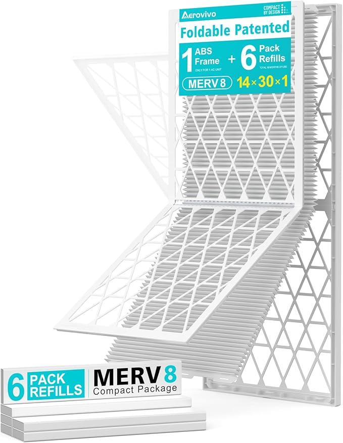 14x30x1 Refillable Air Filter Kit, MERV 8, 1 Reusable Foldable Frame ＆ 6 Refills, Fits Most AC HVAC Furnace Devices, Actual Size 13.75x29.75x0.75in