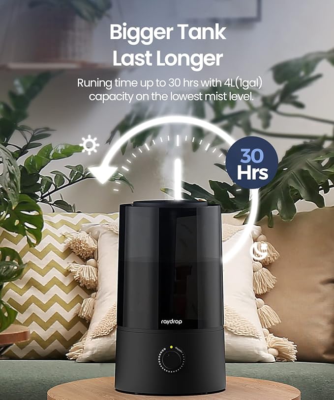 raydrop Humidifiers for Bedroom, Humidifiers for Home & Large Room, Cool Mist Humidfiers for Baby and Plant, Adjustable Mist Level, Auto Shut-Off, Black, 4.0L