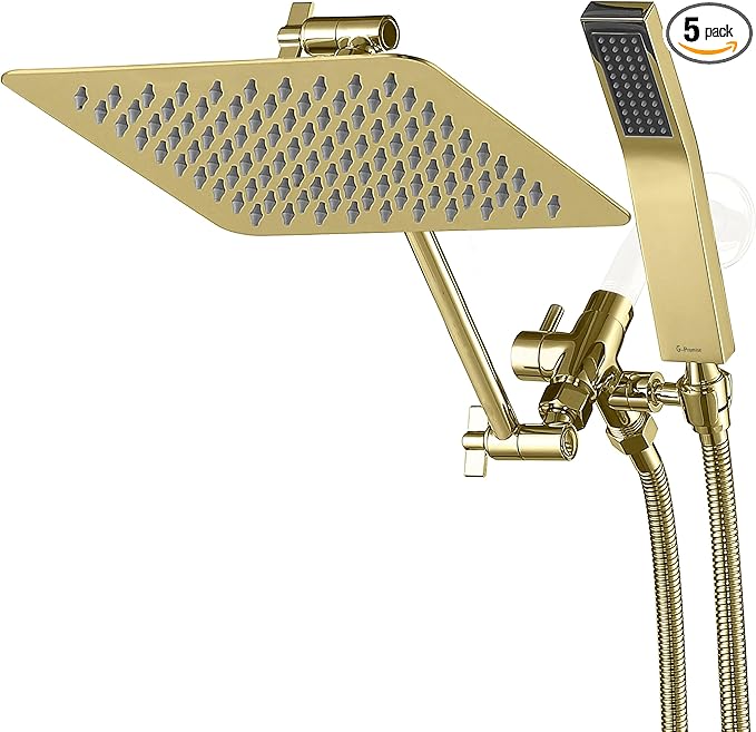 G-Promise All Metal 10" Dual Square Shower Head Combo | Rain Shower Head | Handheld Shower Wand | Adjustable | 3-Way Diverter | 71" Extra Long Hose - A Bathroom Upgrade (Polished Brass)