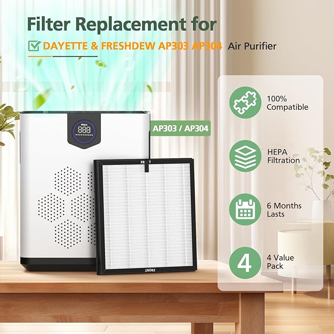 AP303 AP304 Replacement Filters, Compatible with DAYETTE AP303/304 Air Purifier, and for FRESHDEW AP303 AP304 Purifier, HEPA Filter with 3 Stage Filtration, 4 Pack (Standard-White)