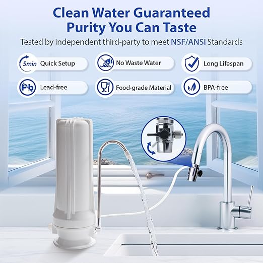 iSpring CKC1-NC SGS-Tested Countertop Water Filter, Drinking Water Filtration System for Faucet, Reduces Chloramine, Bad Odors, Sediment, and 99% of Chlorine, White (Filter Included)