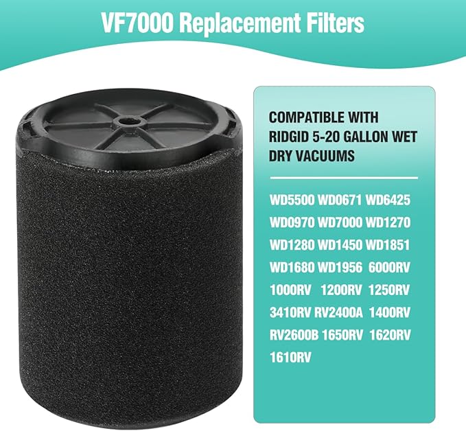 2-Pack VF7000 Filter for Ridgid Shop Vac,Compatible with Ridgid 5-20 Gallon and Husky 6-9 Gallon Wet/Dry Vacuums,Foam Wet Vacuum Filter Replacement for Wet Applications Only