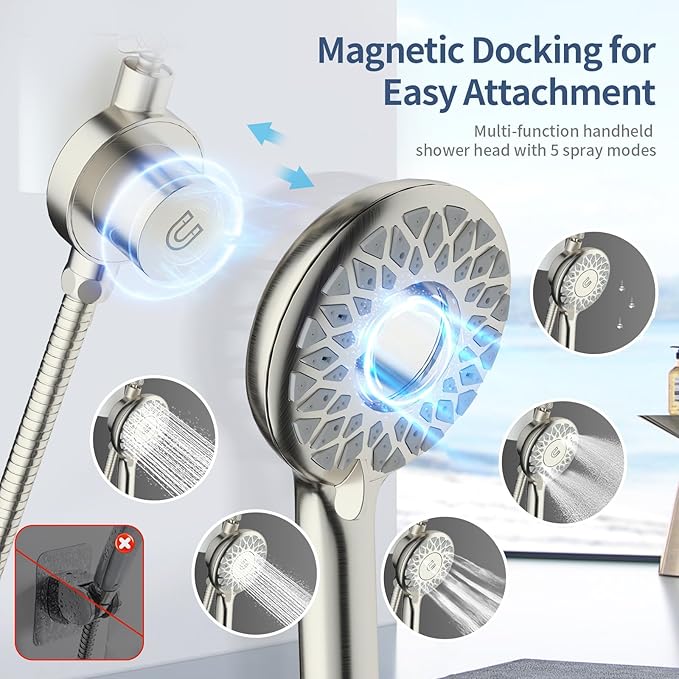 KAIYING Dual Shower Heads with Handheld Spray Combo, Magnetic Filtered Showerhead, Bathroom High Pressure Rainfall Shower Head and Handle Set with Filter for Hard Water, 79" Long Hose (Brushed Nickel)