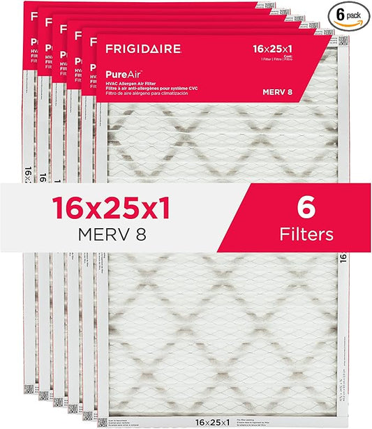 Frigidaire PureAir® 16x25x1 MERV 8 Allergen Electrostatic Pleated Air Conditioner HVAC AC Furnace Filters - 6 Pack (exact dimensions 15.81 X 24.81 X 0.81)