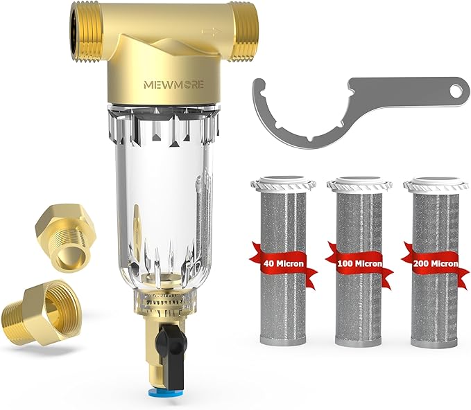 WHC40 Sediment Filter, 40 & 100 & 200 Micron Reusable Spin Down Sediment Water Filter, Whole House Water Filter for Well Water, Home Pre-filtration System, 1" MNPT + 3/4" FNPT + 3/4"MNPT