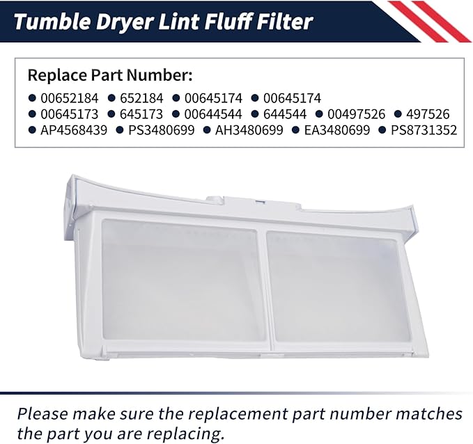 00652184 Tumble Dryer Lint Fluff Filter 652184 Compatible with Bosch, Siemens, Neff Dryers Replace AP4568439 PS3480699 00645174 Dryer Lint Screen Filter