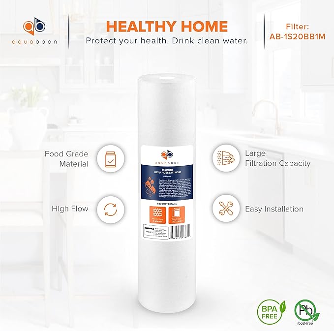Aquaboon 1 Micron 20" Sediment Water Filter Replacement Cartridge | Whole House Sediment Filtration | Compatible with AP810-2, SDC-45-2005, FPMB5-20, P5-20, FP25B, 155358-43, 4 Pack