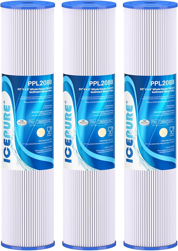 ICEPURE 20" x 4.5" Whole House Water Filter, 5 Micron Pleated Sediment Water Filters Replacement Cartridge for Well Water, Compatible with ECP5-BB, AP810-2, SPC-45-1005, CP5-BB, ECP1-20BB, 3 PACK