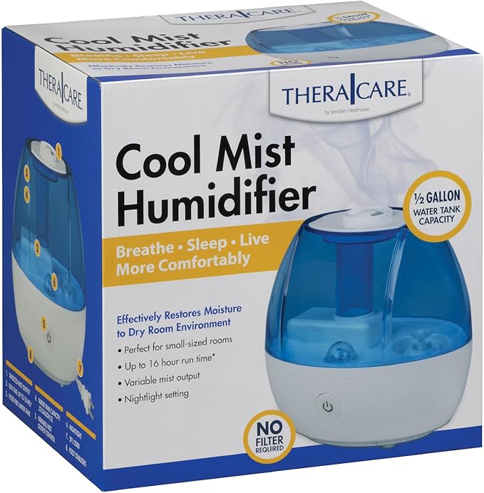 Thera|Care Cool Mist Ultrasonic Humidifier | For Medium Size Rooms | No Filter Required | 16 Hour Run Time