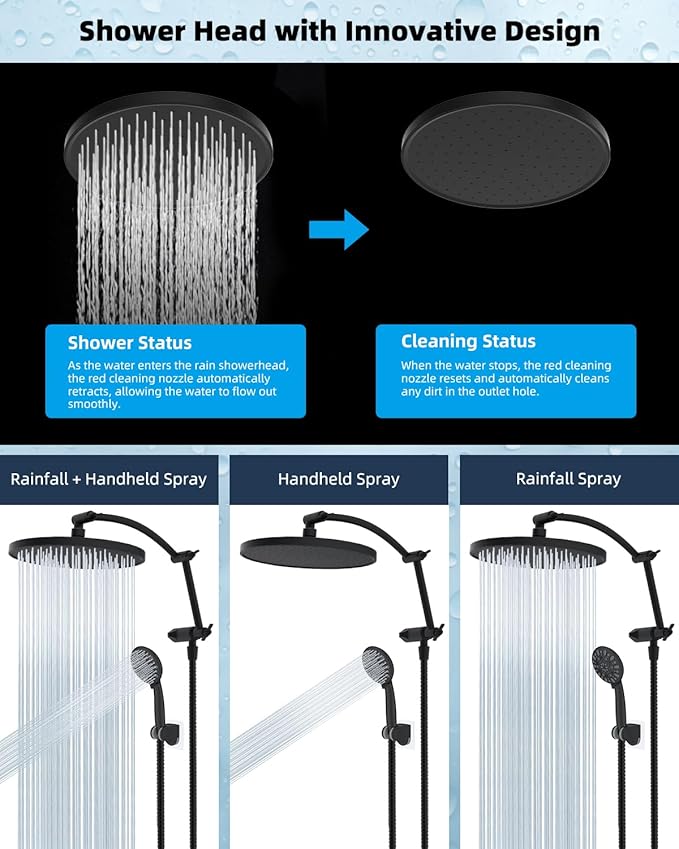 Hibbent Self-cleaning Shower Head, 10'' High Pressure Rainfall Showerhead with Handheld, 16'' Adjustable Arc-shape Extension Arm, 71'' Hose, Showerhead Holder, Matte Black