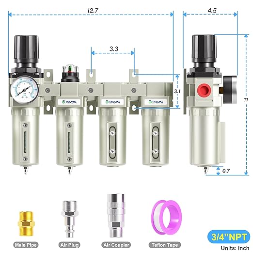 TAILONZ PNEUMATIC 0-240PSI 3/4 Inch NPT Industrial Grade 4 Stage Air Drying System, Particulate Filter, Coalescing Filter, Double Desiccant Dryer 5 Micron Filter +0.01 Micron Filter (Manual Drainage)