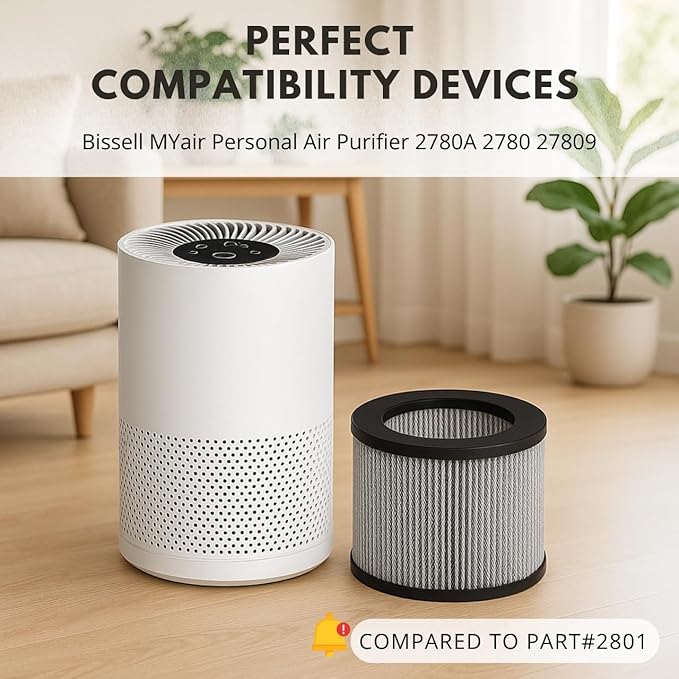 Nispira 3-in-1 True HEPA Activated Carbon Filter Replacement For Bissell MYair Personal Air Purifier 2780A 2780 27809, Compared to Part 2801. Size 7" x 7" x 6.1". 2 Packs (NOT FOR MODEL 3139A, 3069)