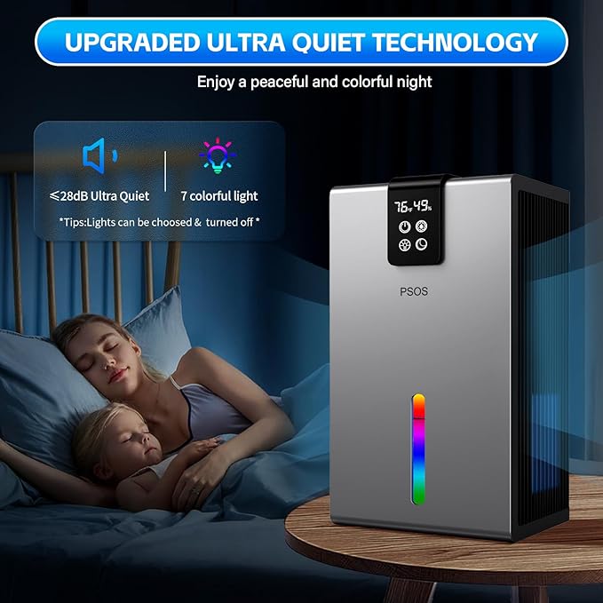 Dehumidifier, Dehumidifiers for Home, 98 OZ Water Tank, (1000 sq.ft) Quiet Dehumidifier for Basement Bedroom Bathroom with Humidity Display, Auto Shut Off, Relaxing 7 Color Ambient Light(Gray)