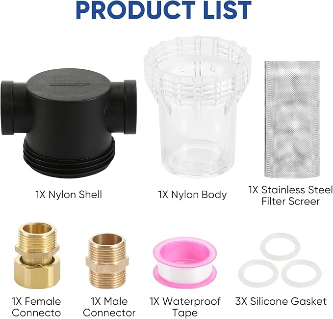 Garden Hose Filter Attachment Line Water Hose Filter with 3/4-inch（DN20） 40 Mesh Screen2Pcs O-Ring and PTFE Tape, Garden Hose Filter Pressure Washer Inlet for RV Camping Car Wash Water Hose