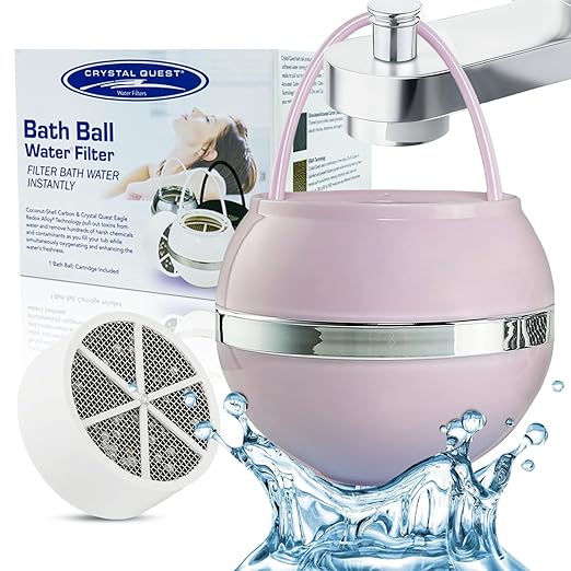 Crystal Quest Bath Ball Water Filter for Bathtub - 3-Stage Filtration, Removes Chlorine, Chloramine & Byproducts, 2,500 Gallons, BPA Free, pH Balanced Water, Fits Most Tubs, Easy Install - Pink
