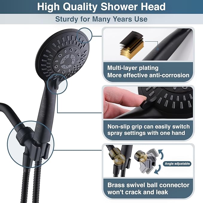 BRIGHT SHOWERS 9 Spray Settings Shower Head with Handheld High Pressure Oil-Rubbed Bronze Hand Held Showerhead with 60 Inch Stainless Steel Hose and Adjustable Overhead Bracket