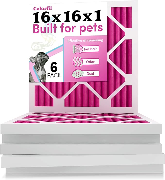 16x16x1 Air Filter by Colorfil | Color Changing Filters for Cat and Dog Odor | MERV 8 Furnace AC Filter for Pet Hair and Dust | 15.75"x15.75"x0.75" Exact Size | Pack of 6
