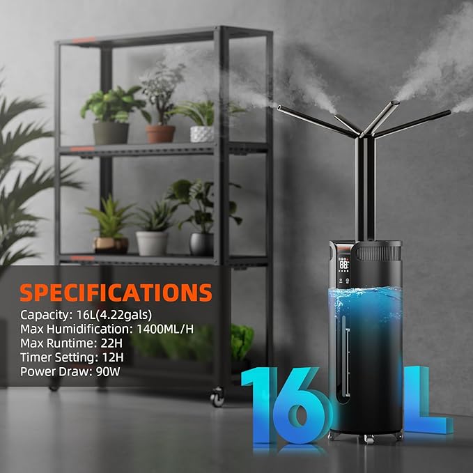 Spider Farmer 16L/4.2Gal Humidifier 1400ML/H Output for Grow Tent 2000 Sq.ft Large Room Plant Multi Extendable Hoses Splicing and Humidity Sensor Probe Cool Mist Quiet for Bedroom Greenhouse Indoor