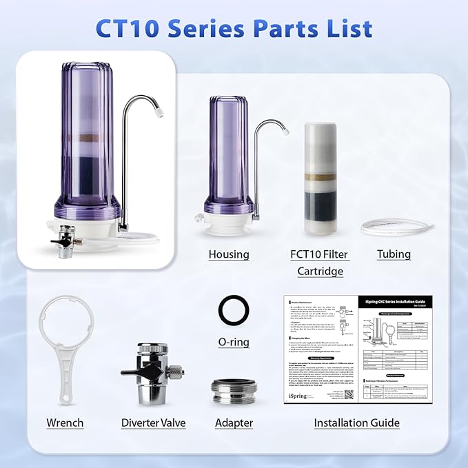 iSpring CT10-CL Countertop Water Filter, Multi-Layer Faucet Water Filter System with Versatile Faucet Adapter, Reduces Heavy Metals, Bad Odor, and Chlorine, Clear