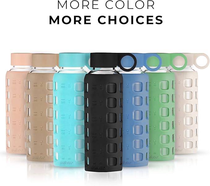 purifyou 40oz / 32oz / 22oz / 12oz Borosilicate Glass Water Bottle with Time & Volume Markers, Silicone Sleeve, Stainless Steel Lid | Reusable Glass Bottle for Water & Juice (12oz Jet Black)