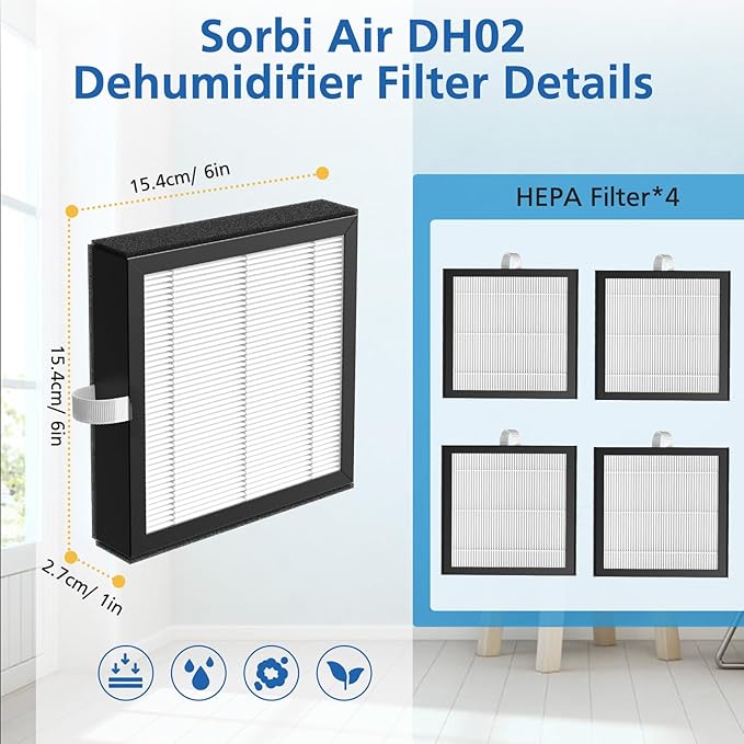4 Pack DH02 H13 HEPA Replacement Filter Compatible with Tenergy Sorbi DH02 2 in 1 Dehumidifier(1000ML)/Air Purifier, Afloia AQ8 Q8/ Honati/Hysure Q7 Air Purifier