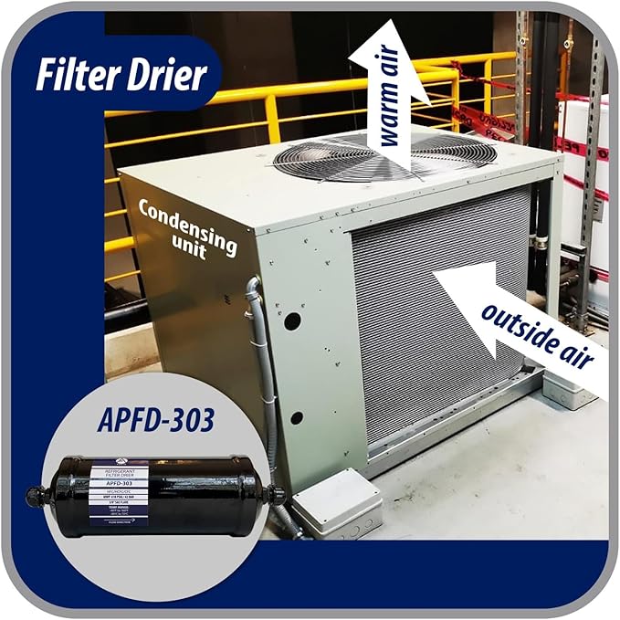 Appli Parts APFD-303 3/8 in Liquid Line Refrigerant AC Filter Drier hvac Refrigeration 303 SAE Flare connection universal unidirectional 10-1/2 in long 3-1/4 in wide