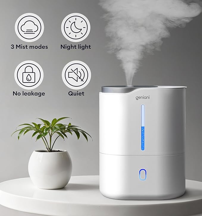 GENIANI Ultrasonic Cool Mist Humidifier for Bedroom, Large Rooms, Home, 4L - Easy Fill & Clean Humidifier for Plants w/Auto Shut-off, 40H Runtime - Quiet, Top Fill Air Humidifier