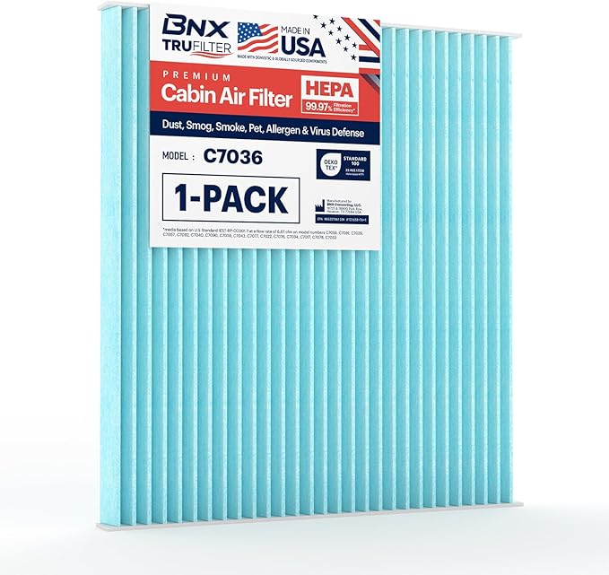 BNX TruFilter C7036 Cabin Air Filter, HEPA 99.97%, Compatible With Hyundai Accent, Genesis Coupe, Tucson, Veloster, Kia Forte, Forte Koup, Forte5, Rio, Rio5, Rondo, Sportage
