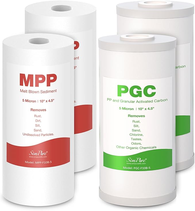 SimPure 5 Micron 10" x 4.5" Whole House Sediment Carbon Water Filters for GE FXHTC, GXWH40L, WGB21B, FP15B, FC15B (MPP and PGC)