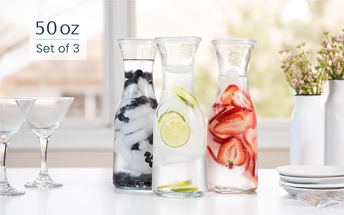 Glass Carafe Pitchers, by Kook, Large Carafe - set of 3, Beverage Dispensers, Clear Jugs For Mimosas, Water, Wine, Milk and Juice, with Plastic Lids, 50 oz Dishwasher Safe