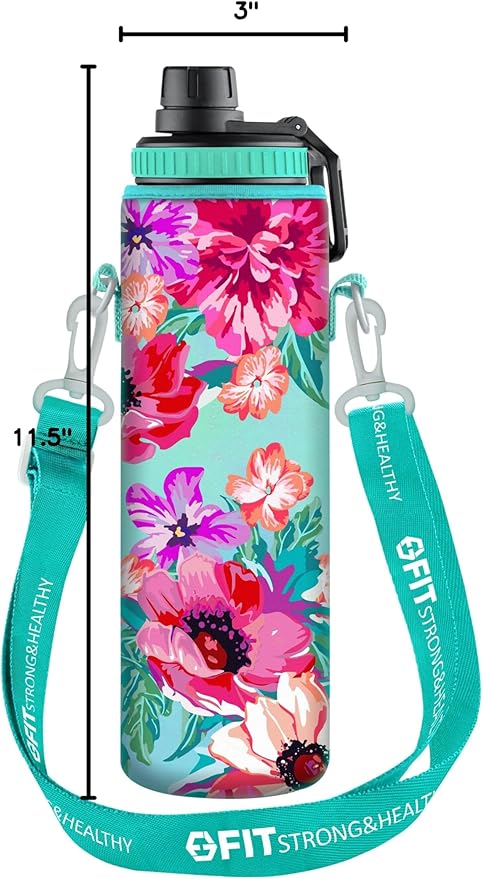 FIT Strong & Healthy 32 oz Glass Water Bottle with Straw Lid, Time Marker, Sleeve & Extra Lid - Motivational, Wide Mouth 1 Liter Glass Drinking Bottle