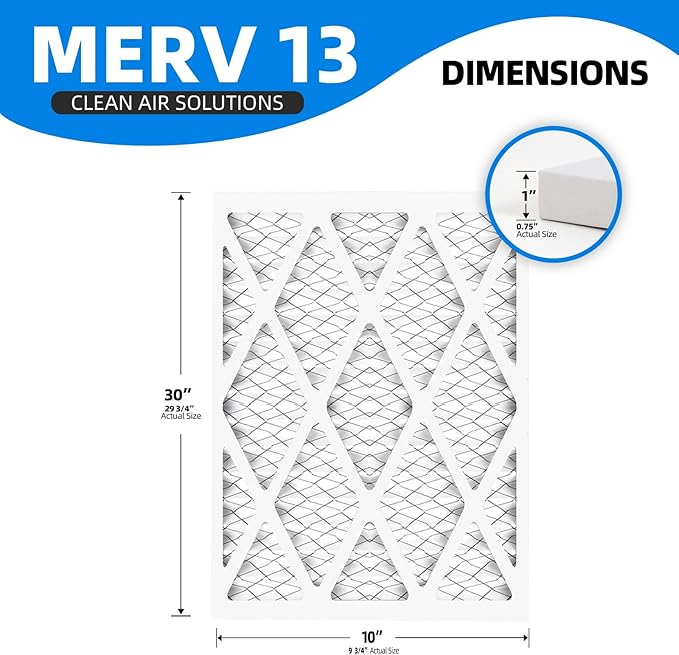 (6 Pack) 10x30x1 Air Filters, MPR 1900 & FPR 10, MERV 13 Pleated Air Filter (Actual Size: 9.75" x 29.75" x 0.75")