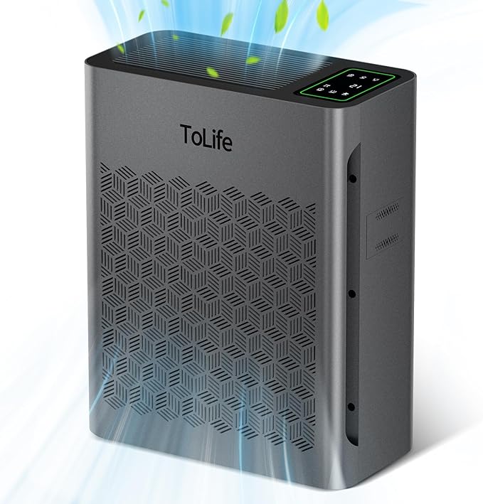 ToLife Air Purifiers for Home Large Room Up to 1295 Ft² with PM 2.8 Display Air Quality Sensor, Auto Mode, Timer, HEPA Air Purifier for Bedroom Filters Smoke, Pollen, Pet Dander, Allergies, Grey