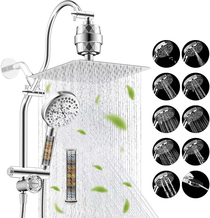 Hibbent Dual Filter All Metal 10"Rainfall Showerhead Combo, High Pressure Filter Shower Head with 10-Spray Mode Handheld, Innovative 4-way Diverter with Pause Mode, 71'' Shower Hose and Holder, Chrome