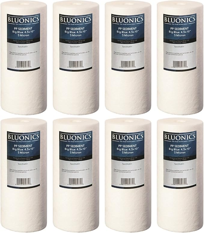Bluonics Sediment Replacement Water Filters 8pcs (5 Micron) 4.5" x 10" Whole House Cartridges