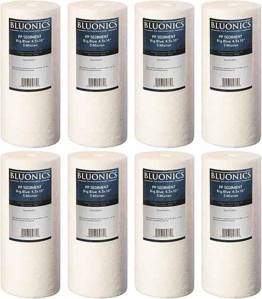 Bluonics Sediment Replacement Water Filters 8pcs (5 Micron) 4.5" x 10" Whole House Cartridges