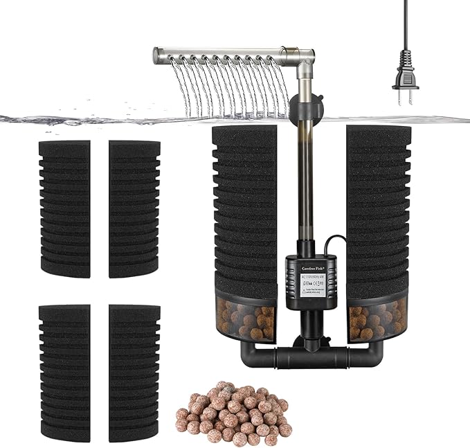 Carefree Fish Aquarium Filter with Water Pump 4 Sponges and 1 Bag of Filtered Ceramic Balls Fish Tank Quiet Filter for Salt Water and Fresh Water