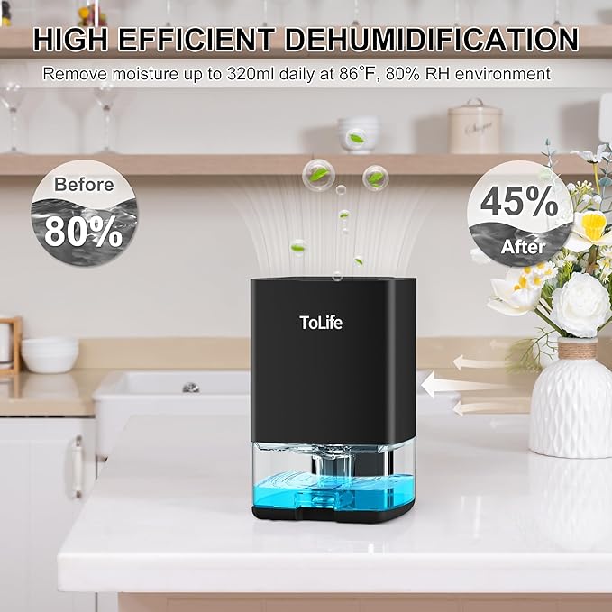 ToLife Dehumidifiers for Home 30 OZ Water Tank with Auto-Off 500 sq.ft Portable Small Dehumidifier for Bathroom Bedroom RV Closet Room 7 Colors LED Light, Black