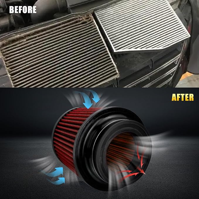 RULLINE 76mm 89mm 102mm Air Filter 3" 3.5" 4" Cold Air Intake Universal Clamp-On Air Filter Three Different Size High Flow Round Tapered Cone Cool Cleaner Red