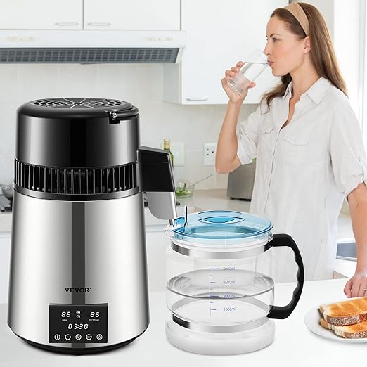 VEVOR Water Distiller, 304 Stainless Steel Countertop Water Stiller, 0.3Gal/H, 0-99H Timing Dual Temp Display, 1.1Gal Distilled Water Maker Machine, Glass Carafe, 3 Carbon Bags, Citric Acid Powder