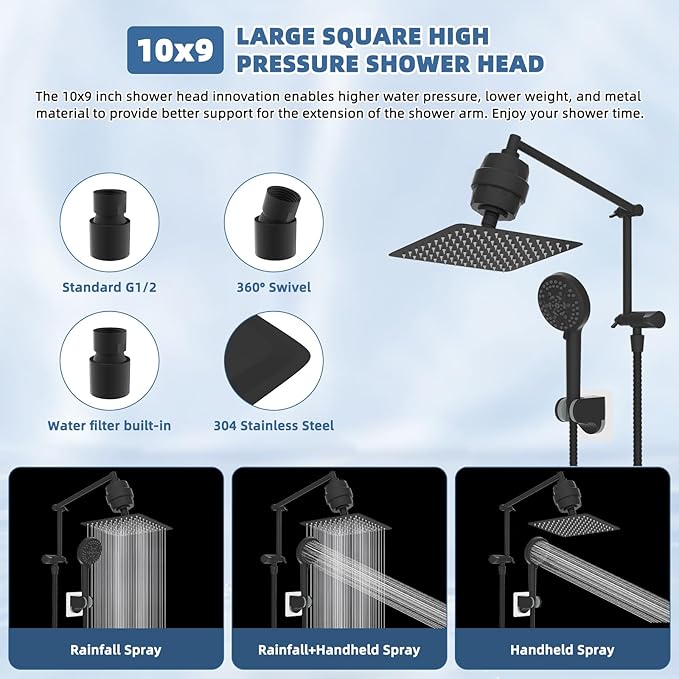 iFealClear Metal Rain Filtered Shower Head, 10” High Pressure Rainfall Shower Head with Handheld Spray, 10 Mode Handheld Powerful Wash, 16" Adjustable Extension Arm, 2 Pack Shower Filters, Matte Black