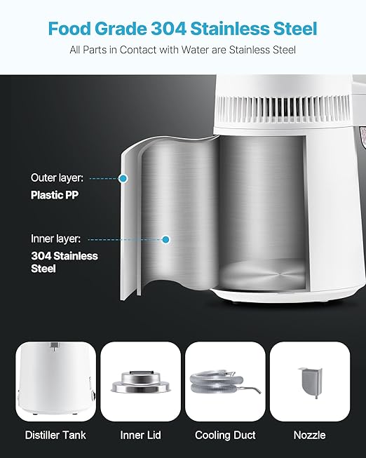 VEVOR Water Distiller, 6L 1.6 Gallon Larger Pure Water Purifier Filter for Home Table Countertop, 900W Plastic Distilled Maker, Stainless Steel Interior Drinking Machine to Make Clean Waters, White