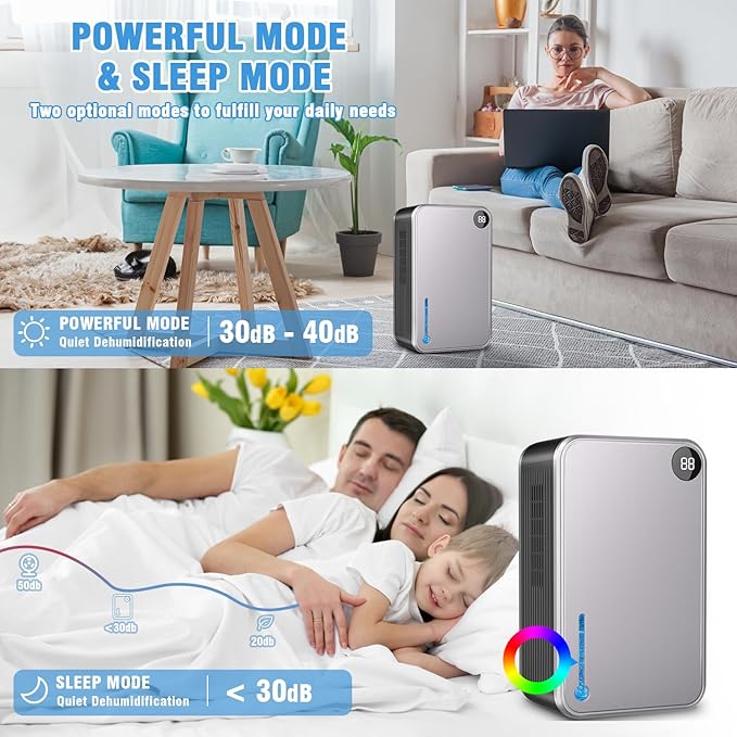 Dehumidifier,25 oz Water Tank Dehumidifer for Home,(280 sq. ft) Quiet with Timer, Automatic Shut-off function and Drain House,Dehumidifiers for Bathroom, Bedroom, Basement, 7-color LED light,Grey